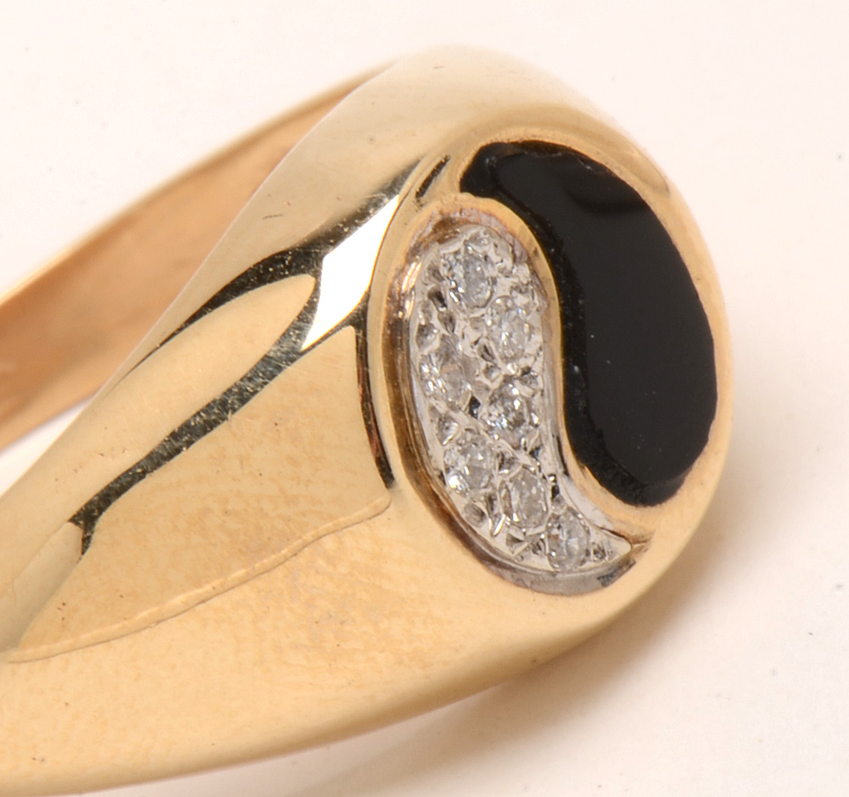 14K Yellow Gold Diamond Black Onyx Yin-Yang Ring