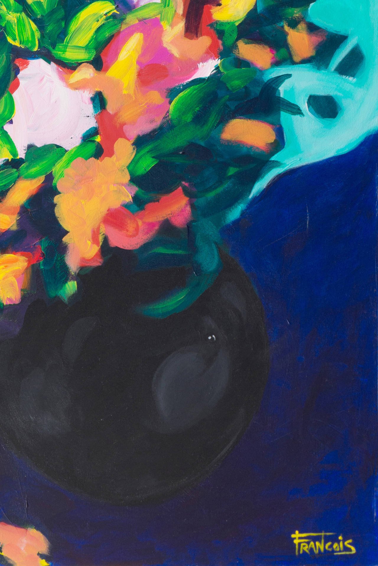 Francois Eril Acrylic Painting on Canvas "Bouquet Turquoise"