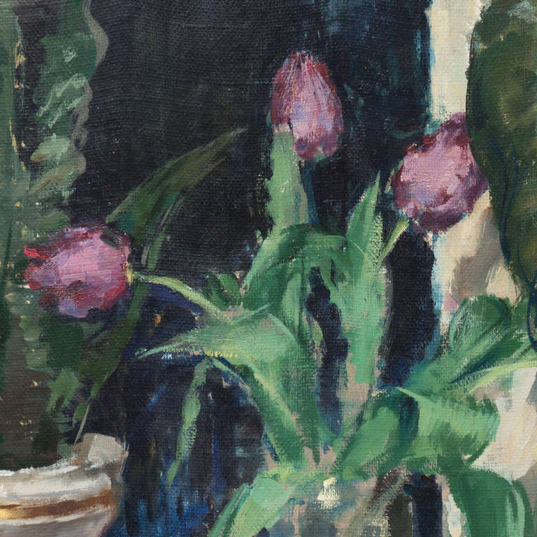 Mogens Christian Vantore Oil Painting on Canvas "Still Life of Tulips with an Orange"