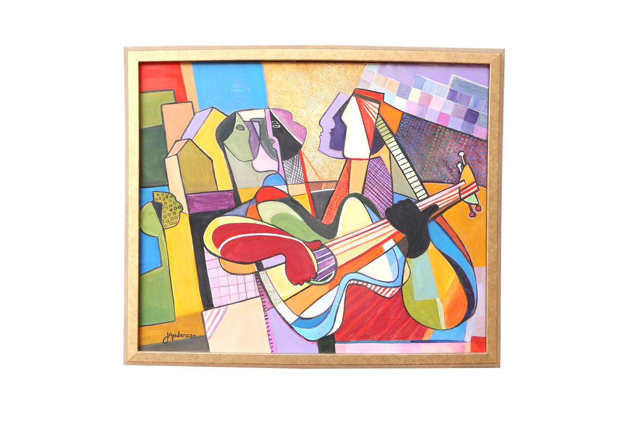 J. Anderson Cubist Style Acrylic Painting On Canvas