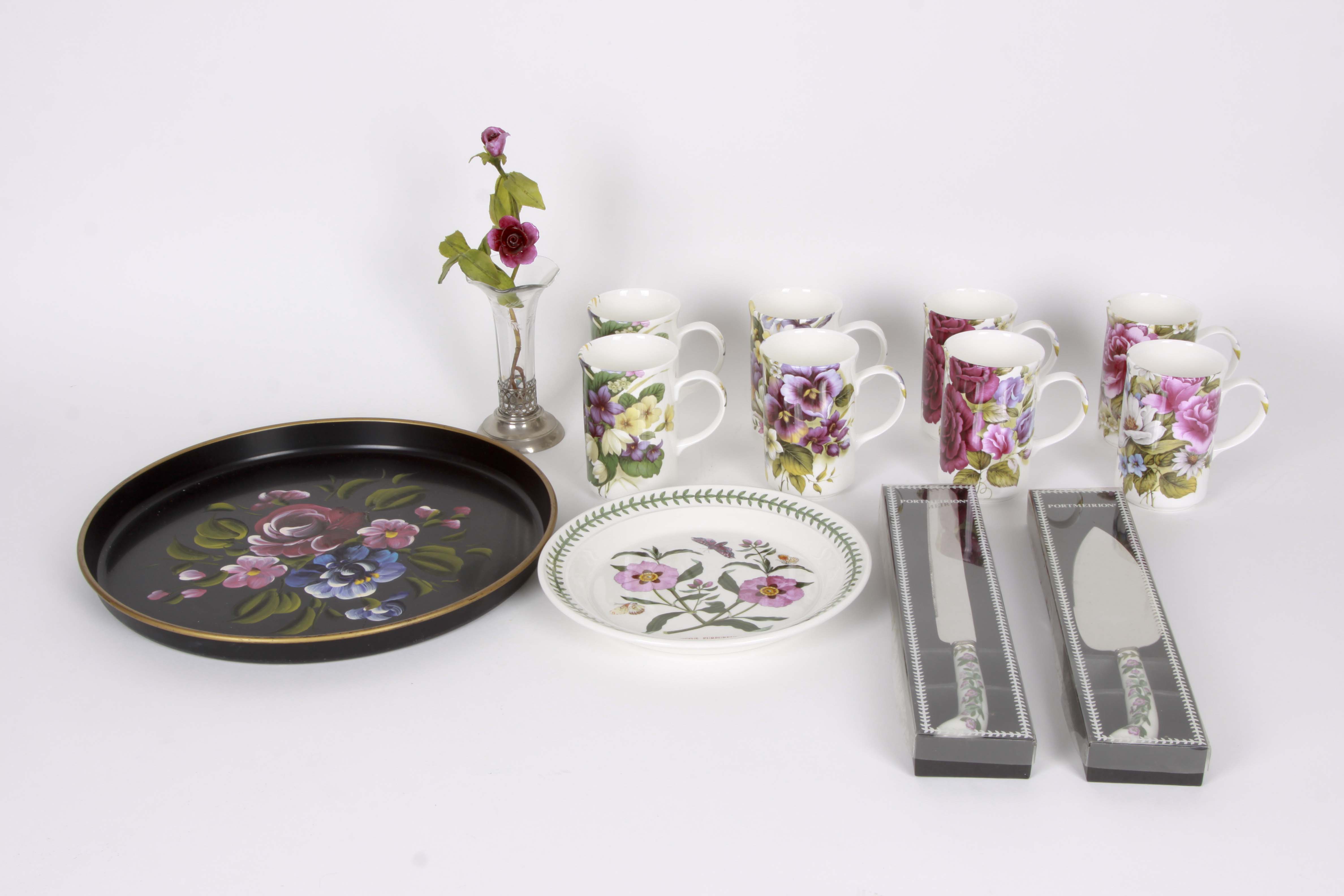 St. George Mugs, Toile Tray, and Portmeirion Serving Pieces