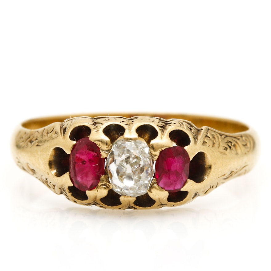 18K Yellow Gold Diamond and Ruby Ring