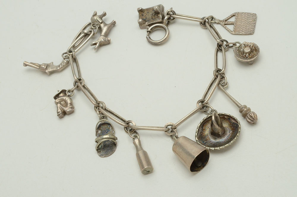 800 Silver Mexican Charm Bracelet and Silver Tone Cufflinks