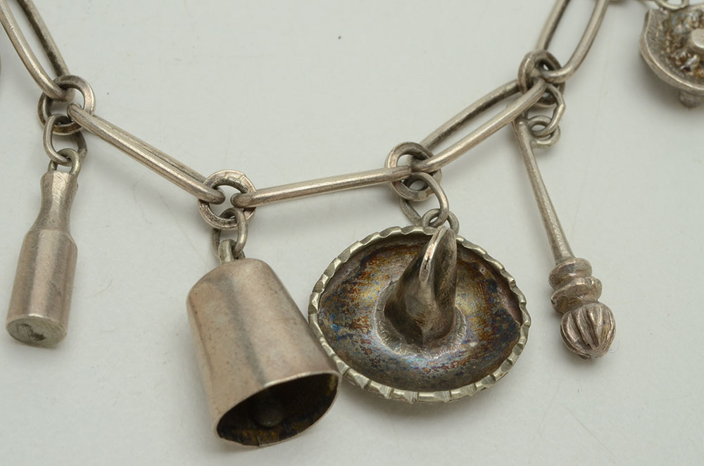 800 Silver Mexican Charm Bracelet and Silver Tone Cufflinks