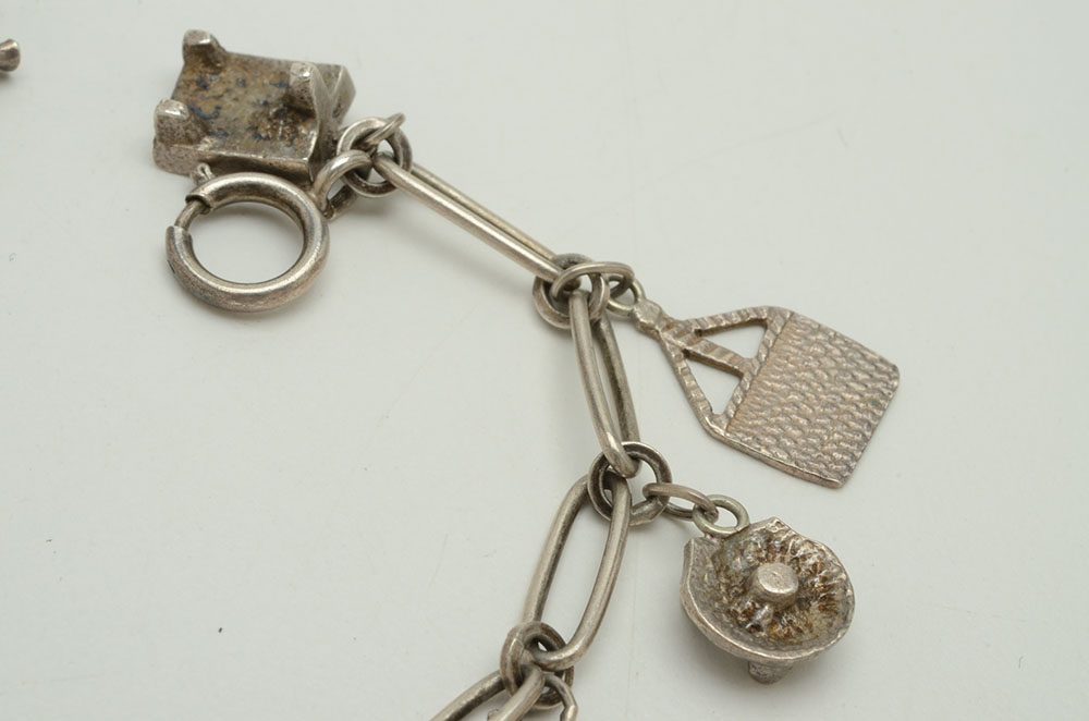 800 Silver Mexican Charm Bracelet and Silver Tone Cufflinks