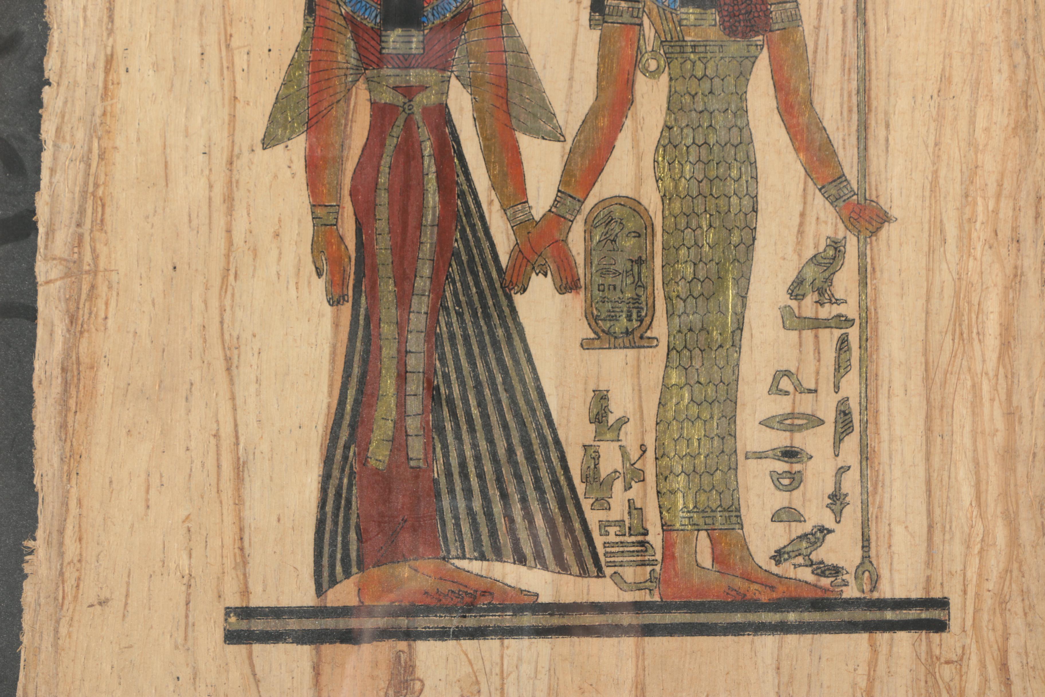 Gouache Painting on Papyrus of Queen Nefertari and Hathor