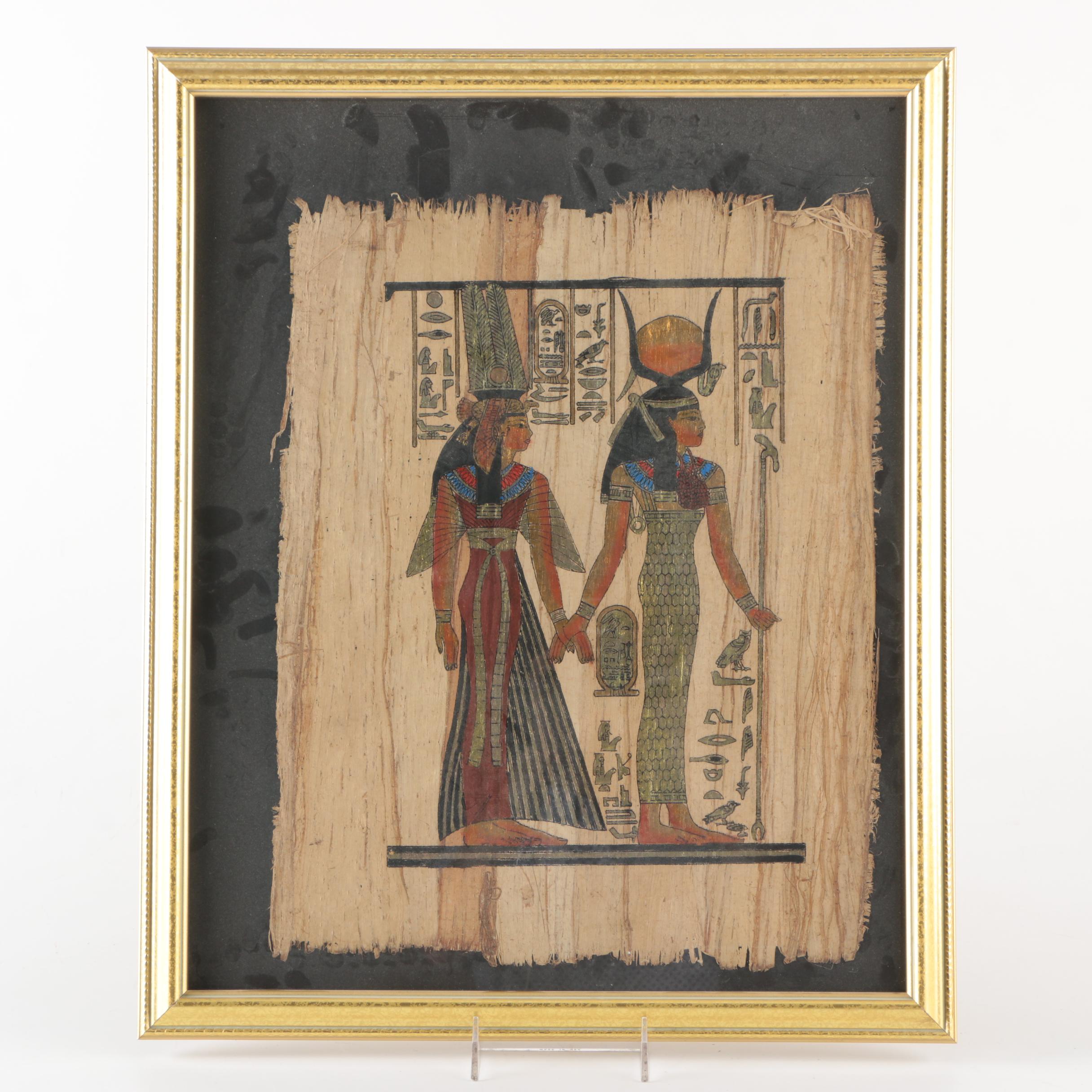 Gouache Painting on Papyrus of Queen Nefertari and Hathor