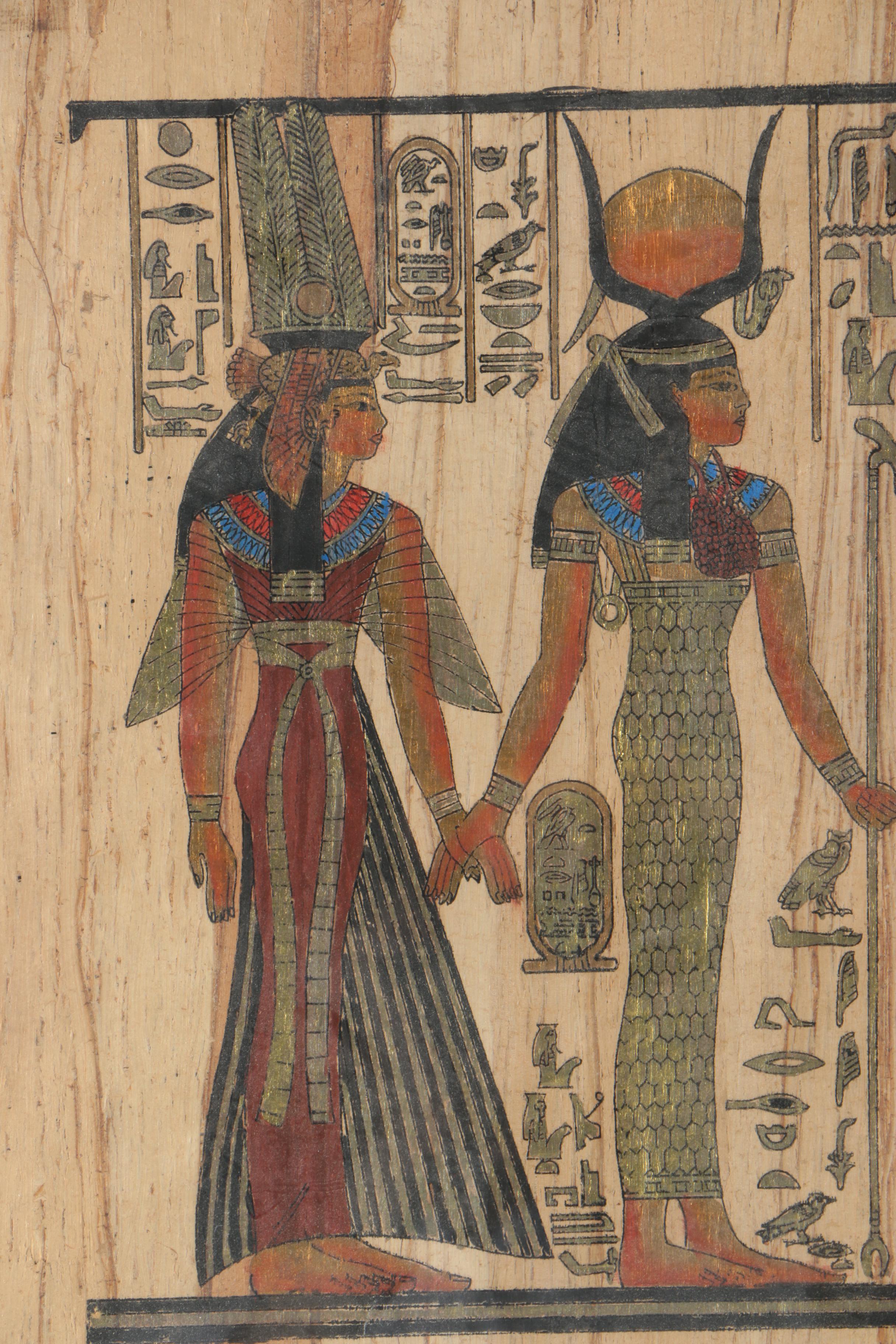 Gouache Painting on Papyrus of Queen Nefertari and Hathor