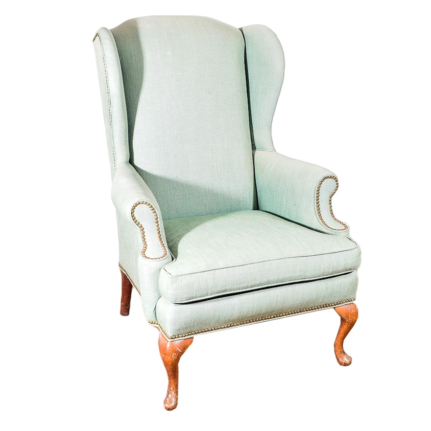 Grey Upholstered Wing Back Armchair