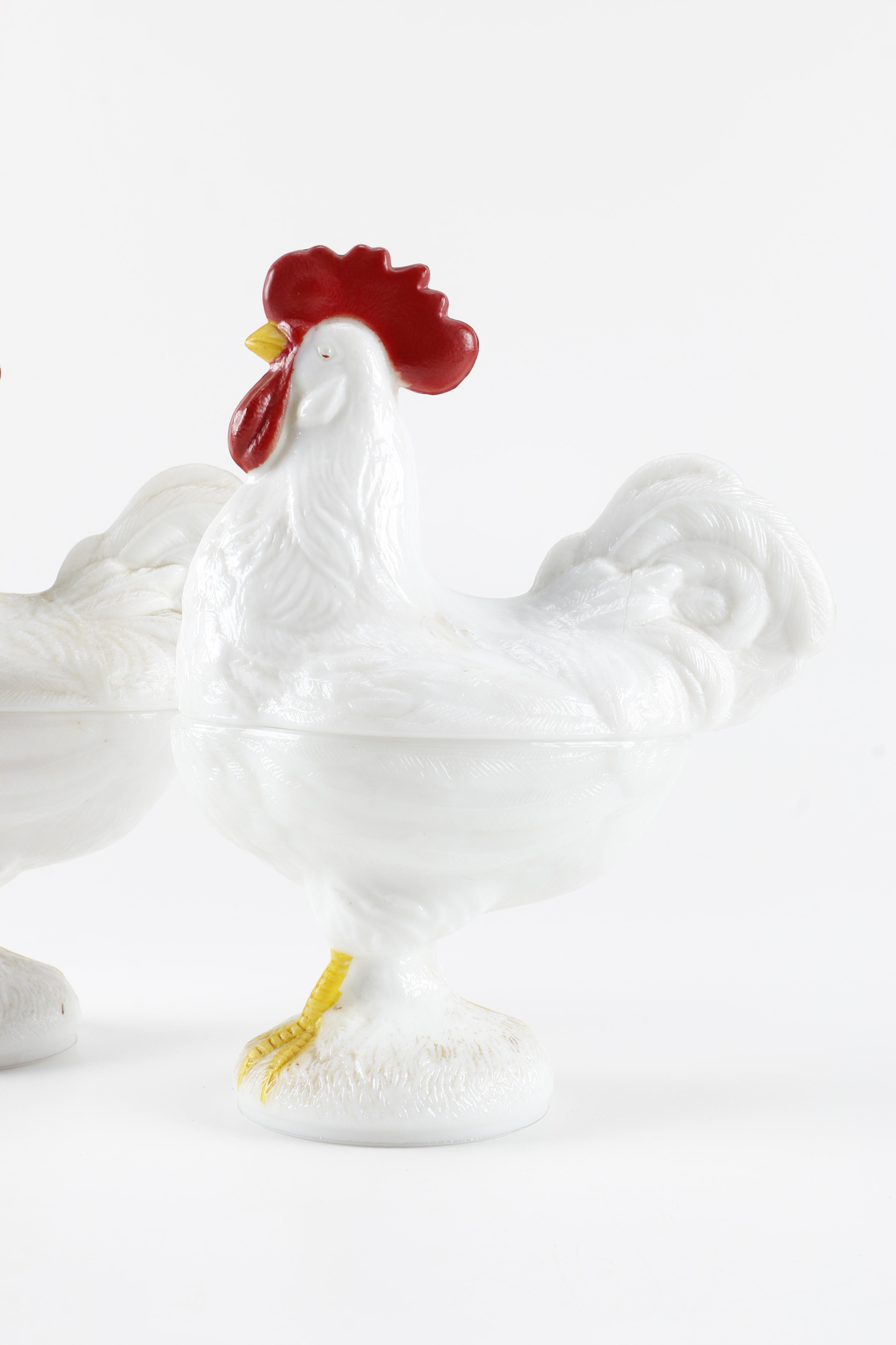 Pair of Vintage Covered Milk Glass Rooster Dishes