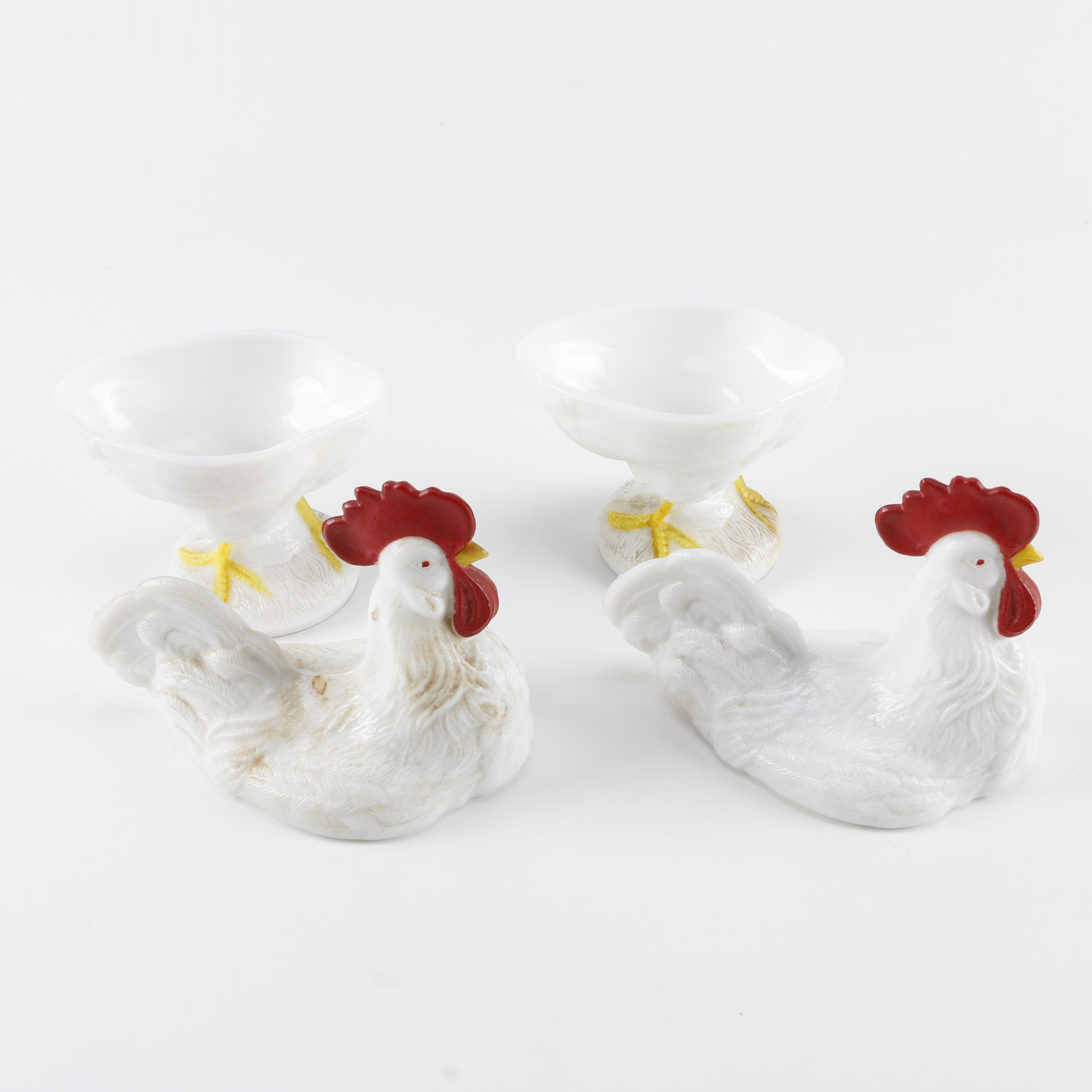 Pair of Vintage Covered Milk Glass Rooster Dishes