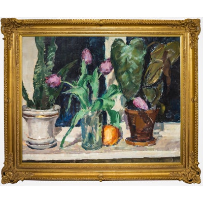 Mogens Christian Vantore Oil Painting on Canvas "Still Life of Tulips with an Orange" Mogens Christian Vantore Oil Painting on Canvas "Still Life of Tulips with an Orange"