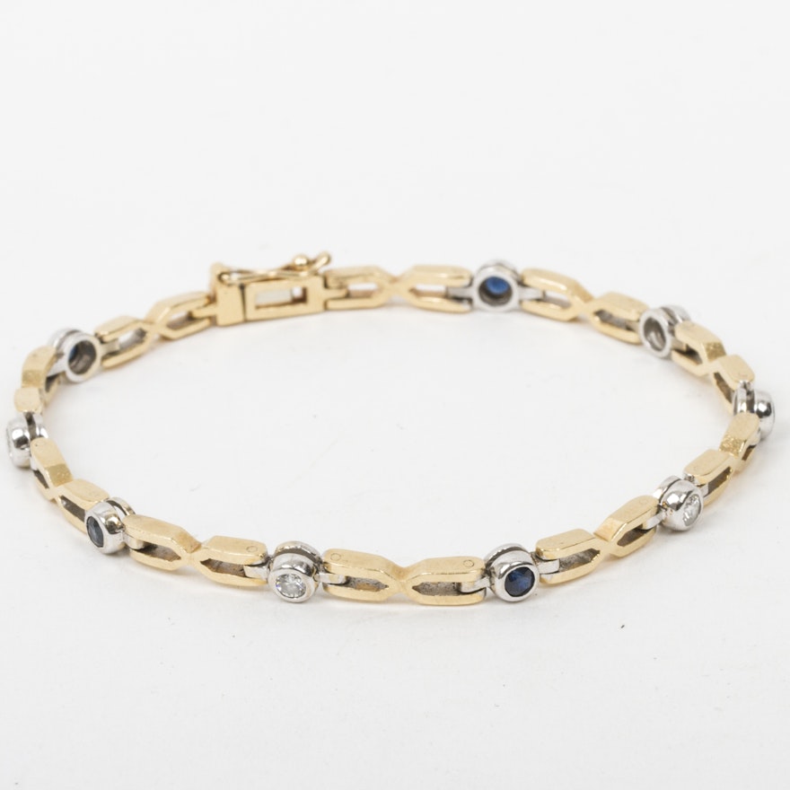 18K Two-Tone Gold, Diamond, and Sapphire Link Bracelet