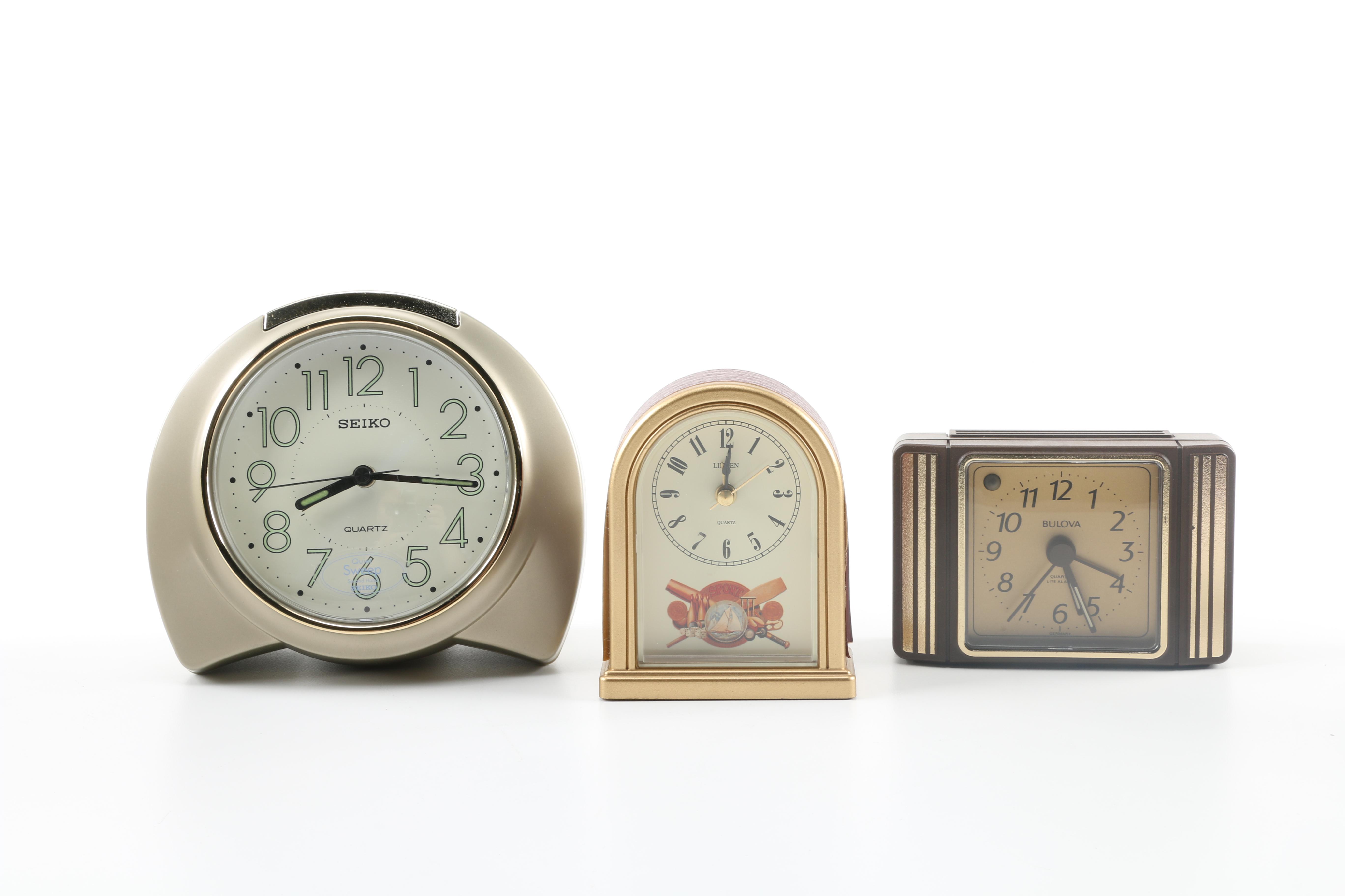 Assortment of Clocks Including Seiko, Linden, and Bulova