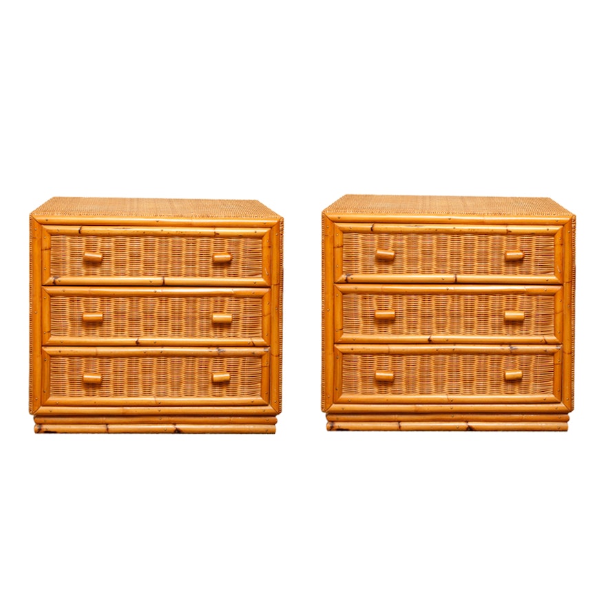 Pair of Pine and Rattan Nightstands With Bamboo Style Facades