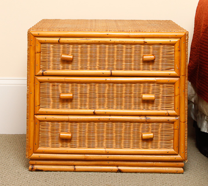Pair of Pine and Rattan Nightstands With Bamboo Style Facades