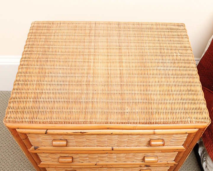Pair of Pine and Rattan Nightstands With Bamboo Style Facades