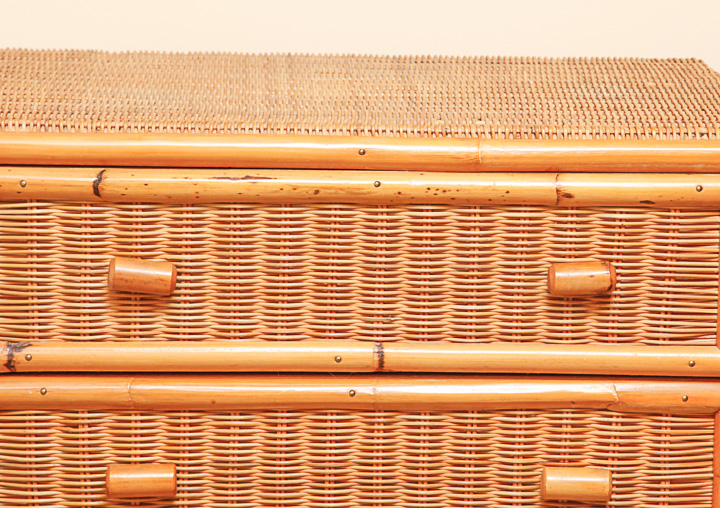 Pair of Pine and Rattan Nightstands With Bamboo Style Facades