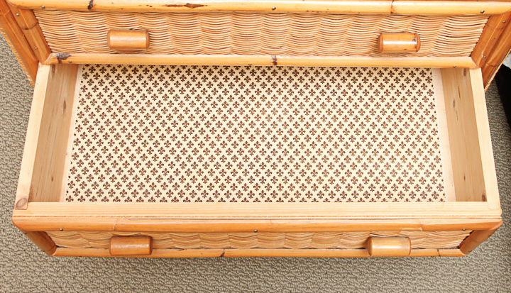 Pair of Pine and Rattan Nightstands With Bamboo Style Facades