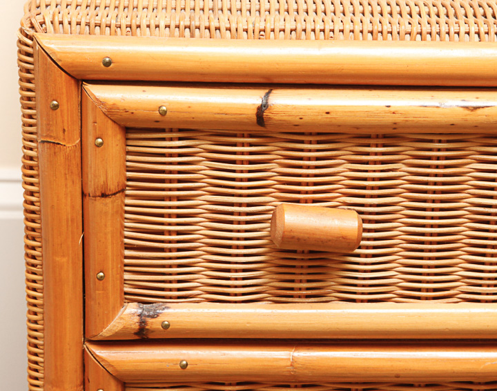 Pair of Pine and Rattan Nightstands With Bamboo Style Facades