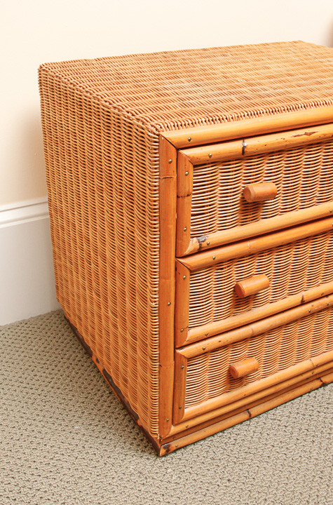 Pair of Pine and Rattan Nightstands With Bamboo Style Facades