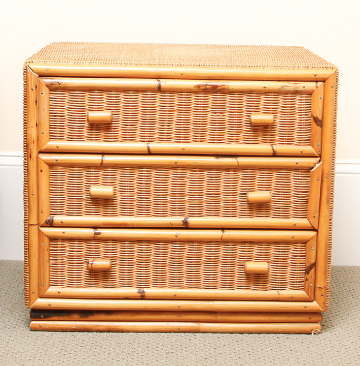 Pair of Pine and Rattan Nightstands With Bamboo Style Facades