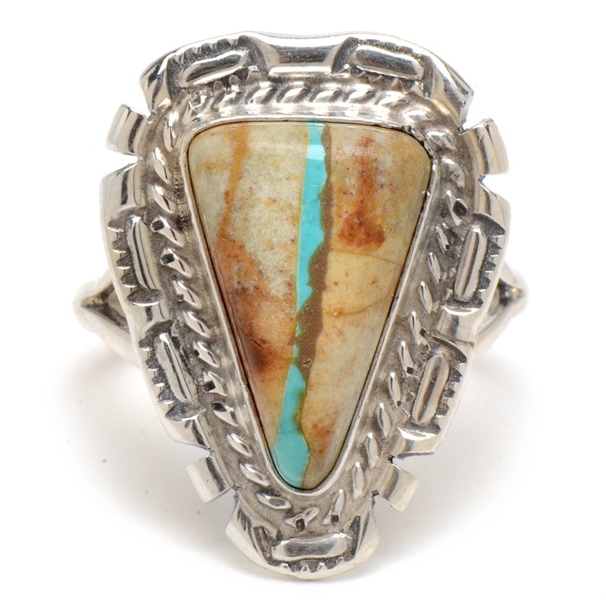 Signed Augustine Largo Navajo Sterling Silver Turquoise Ring