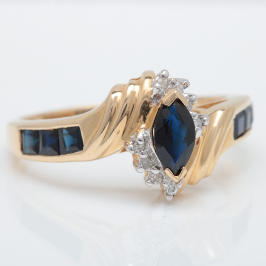 14K Gold, 1.00 CTW Blue Sapphire and Diamond Ring