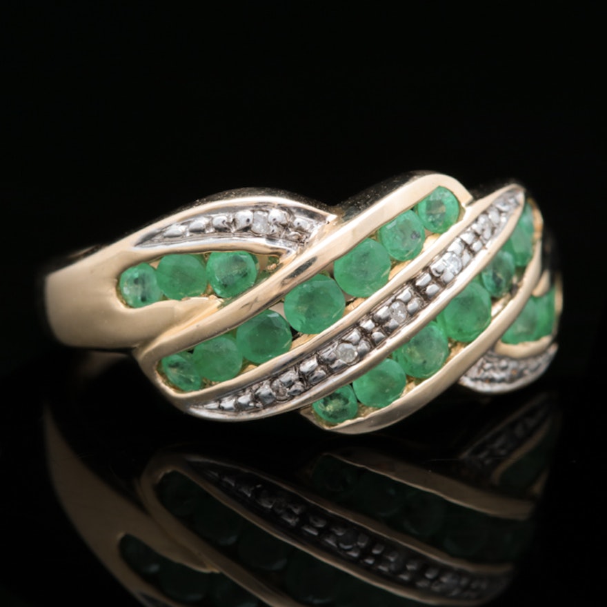 14K Gold, Emerald, and Diamond Ring