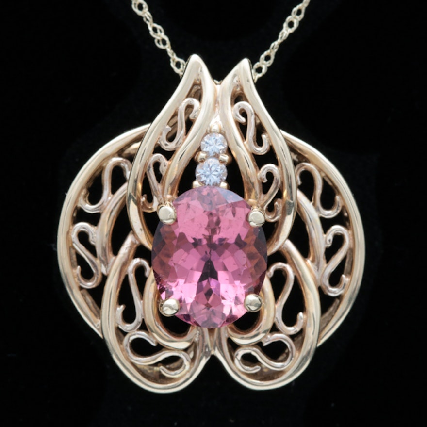 14K Gold, Pink Tourmaline, and White Sapphire Slide Pendant with Chain