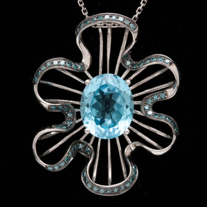 14K White Gold, Blue Topaz and Irradiated Diamond Flower Pendant with Chain