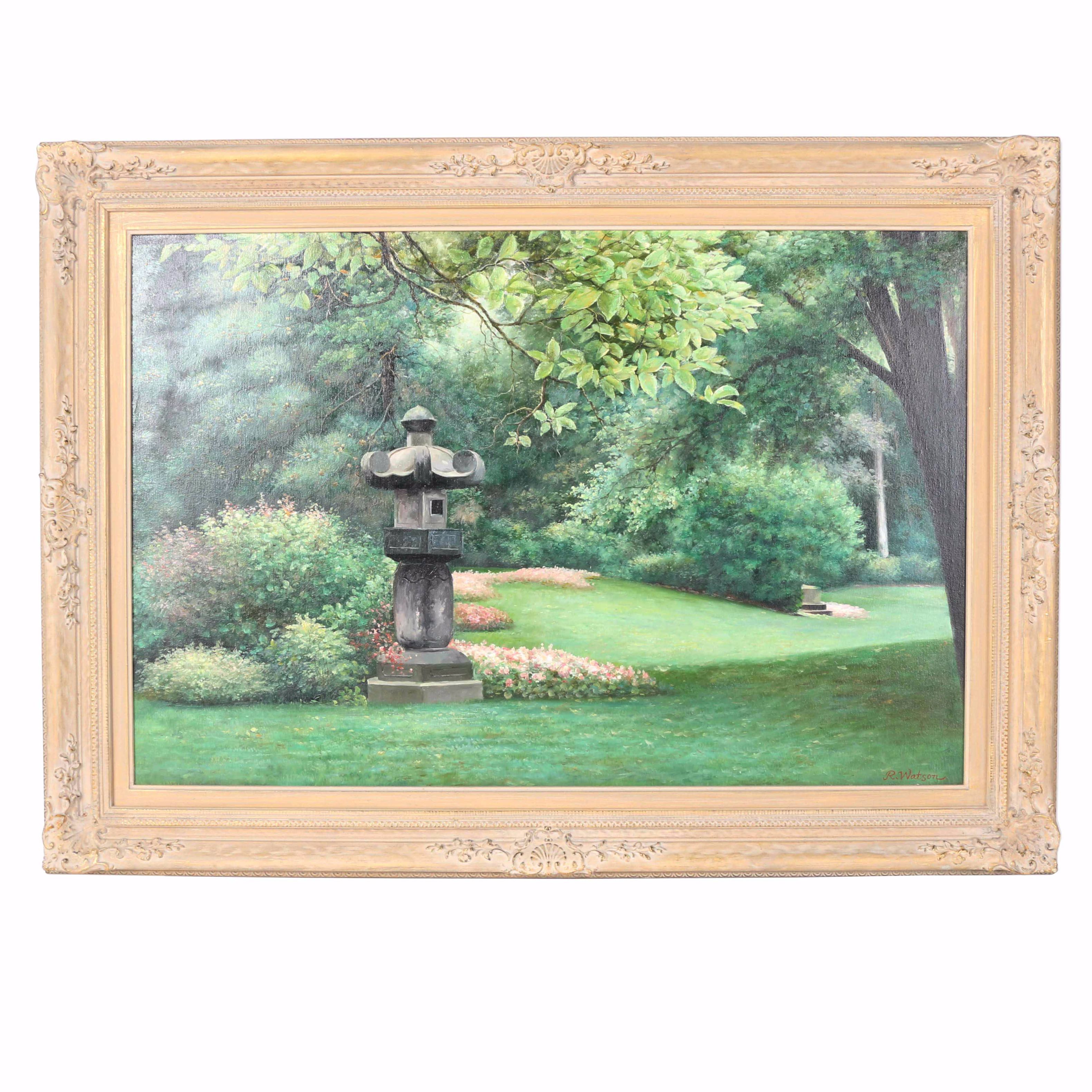 R. Watson Oil Painting on Canvas "Park Scene"