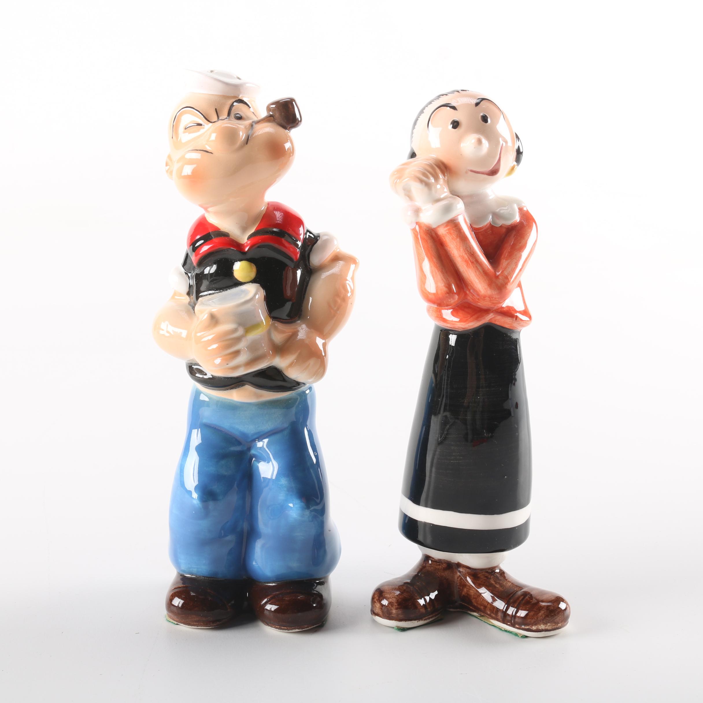 Vintage Vandor Imports Ceramic "Popeye" and "Olive Oyl" Salt and Pepper Shakers