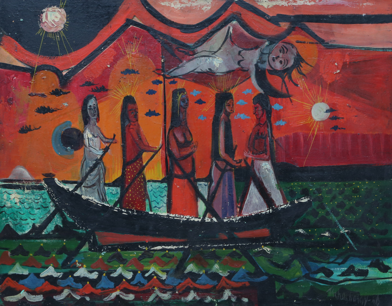 Nahum Tschacbasov Original Oil Painting "Women In The Boat"