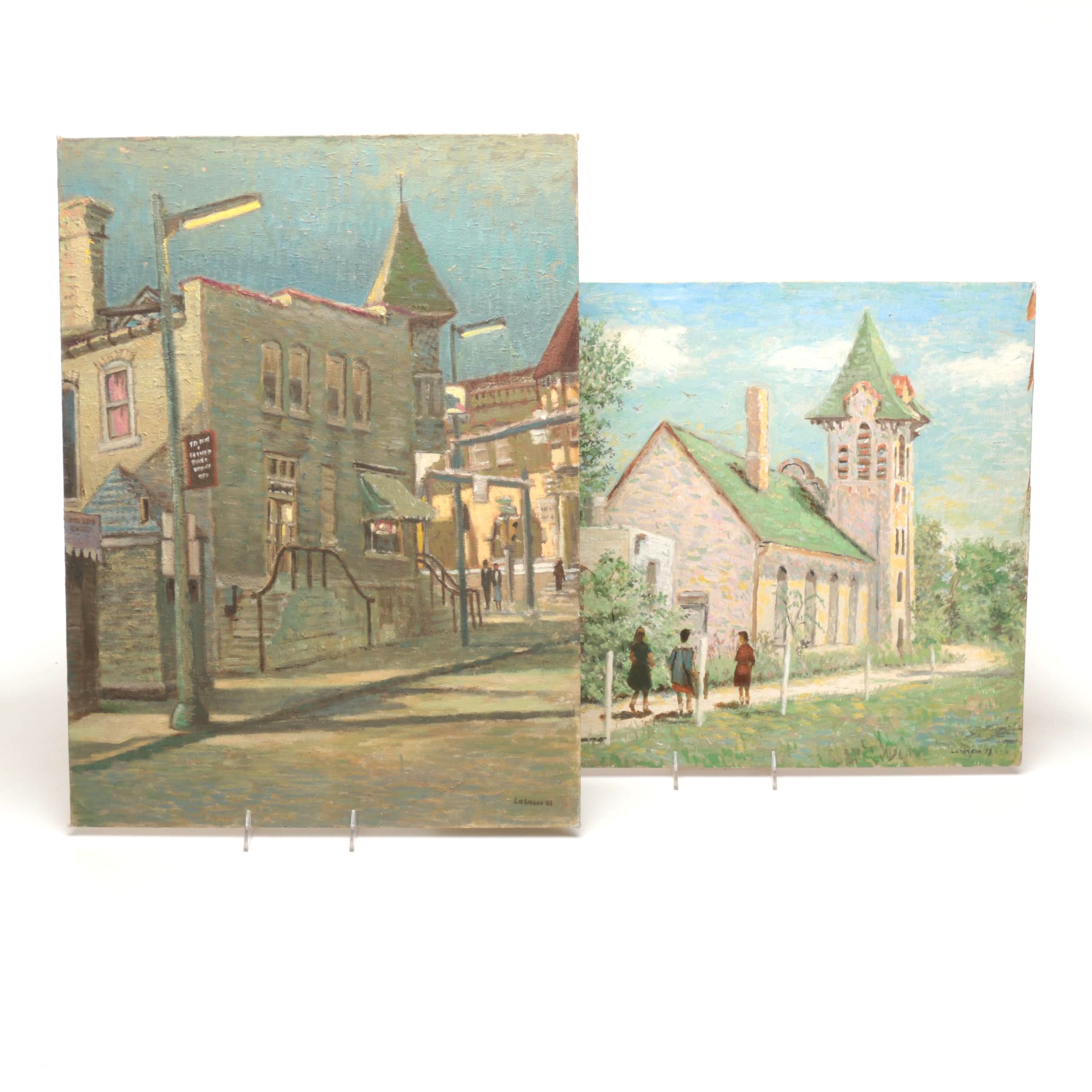 Pair of Lahmann  Oil Paintings on Board of Urban Scenes