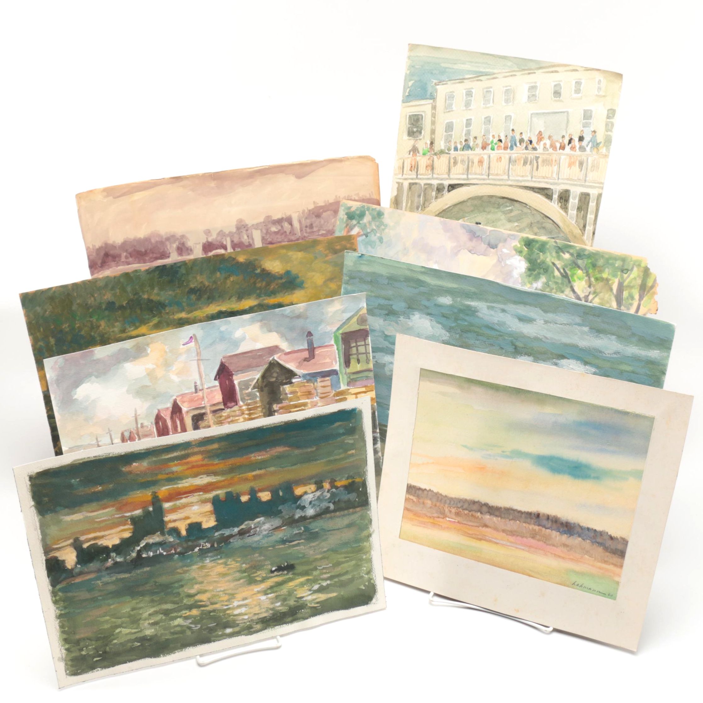 Lahmann Watercolors on Paper of Landscapes, Marinas and Bridges