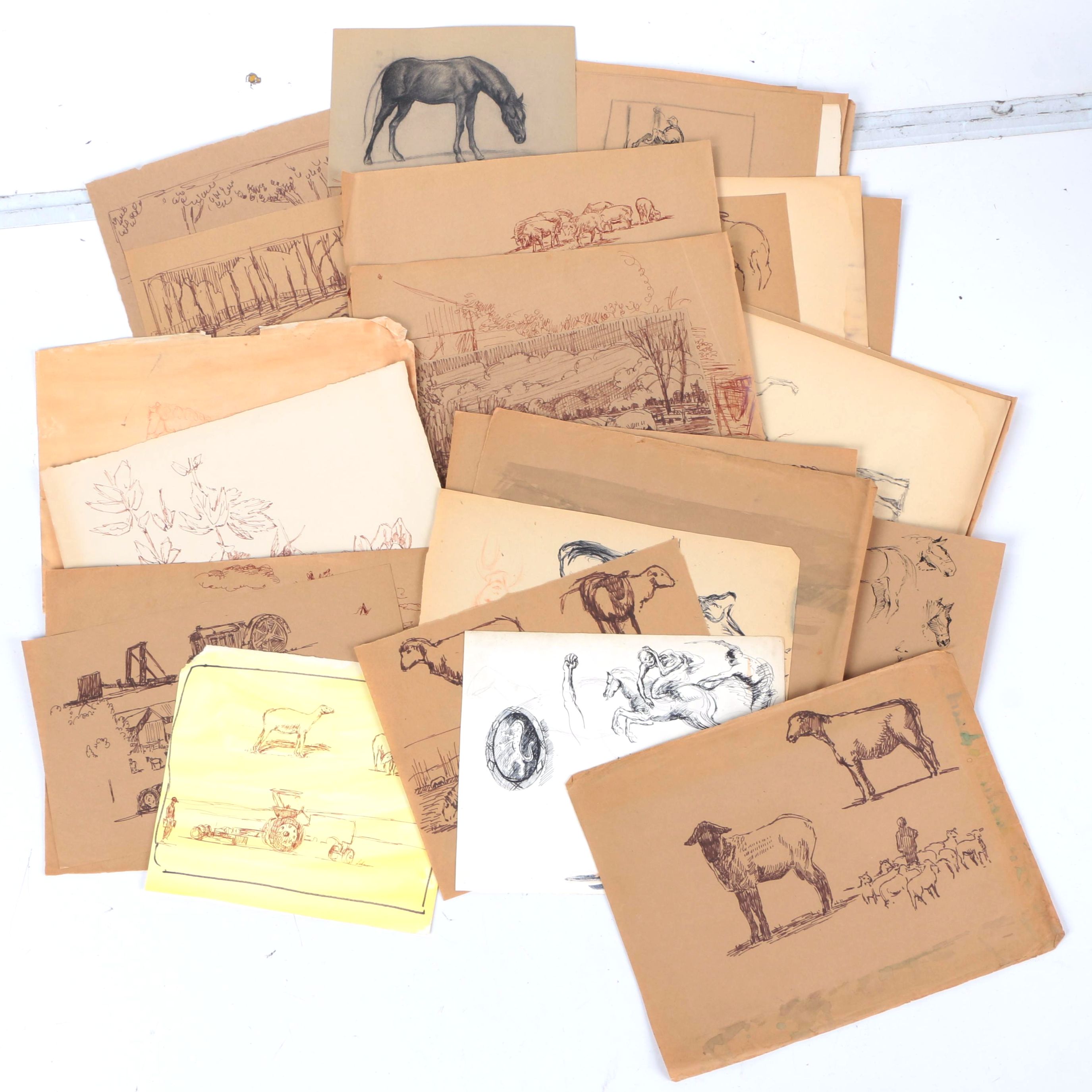 Robert Lahmann Ink and Crayon Loose Drawings of Pastoral Scenes