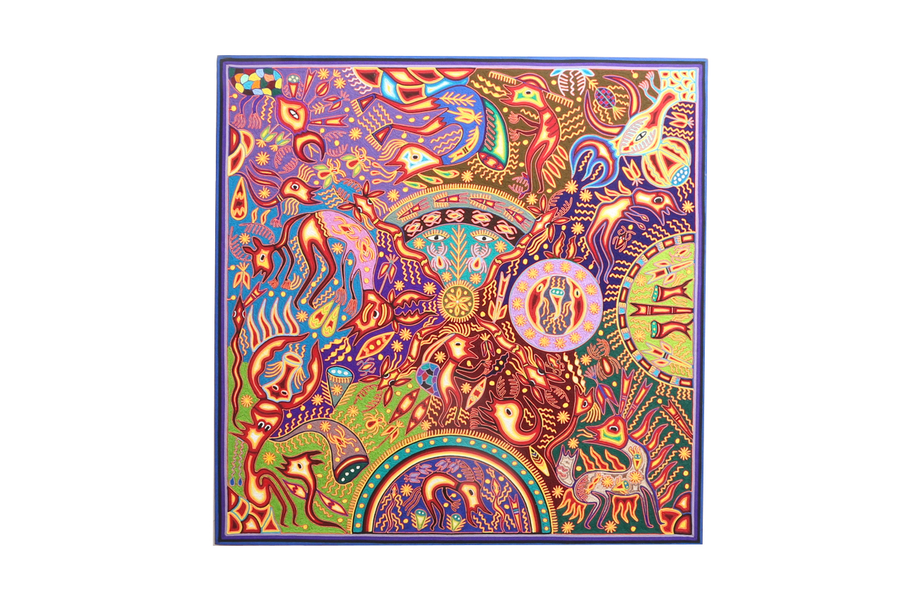 Jose Benitez Sanchez Mexican Huichol Folk Art Yarn Painting "The Rainbow"