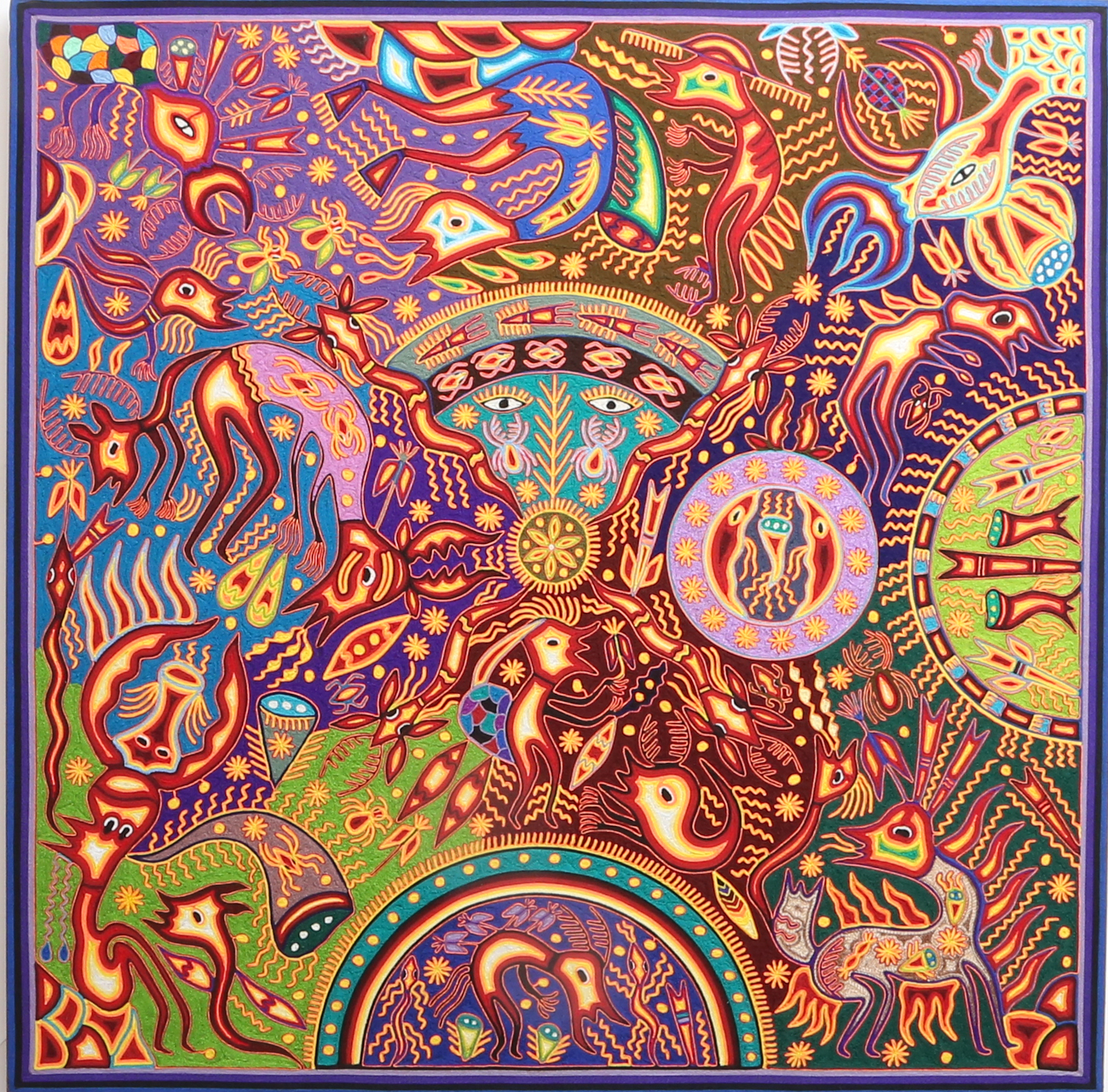 Jose Benitez Sanchez Mexican Huichol Folk Art Yarn Painting "The Rainbow"