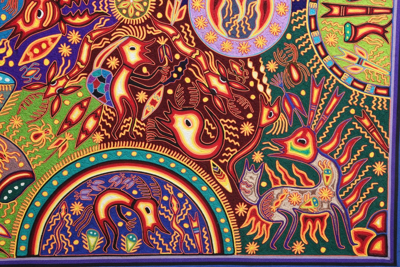 Jose Benitez Sanchez Mexican Huichol Folk Art Yarn Painting "The Rainbow"