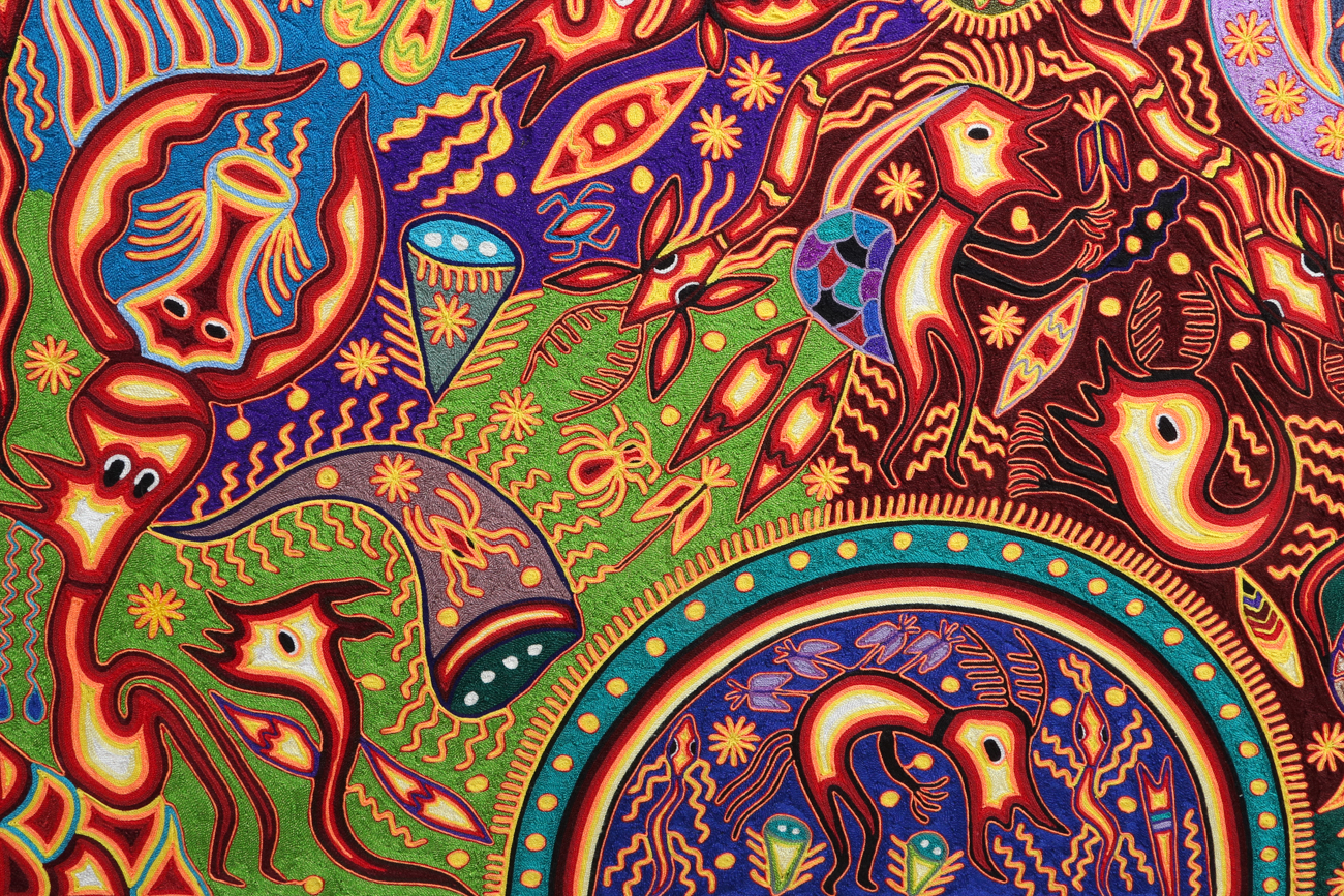 Jose Benitez Sanchez Mexican Huichol Folk Art Yarn Painting "The Rainbow"