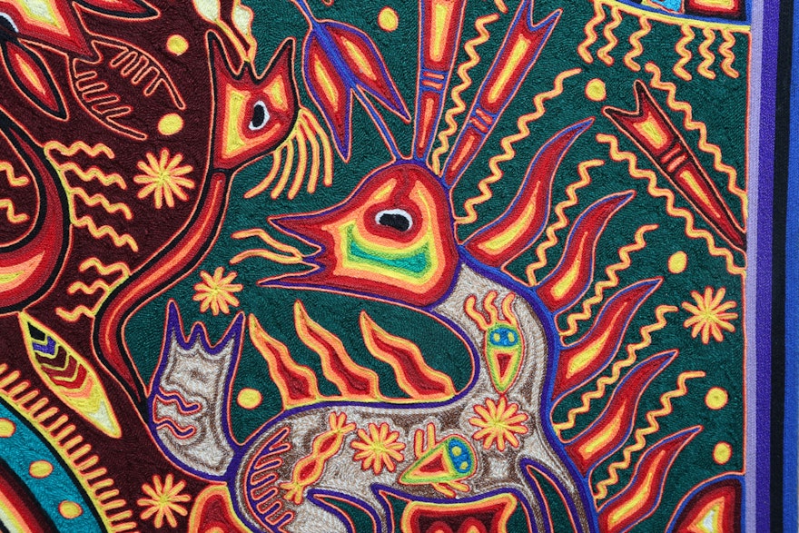Jose Benitez Sanchez Mexican Huichol Folk Art Yarn Painting 