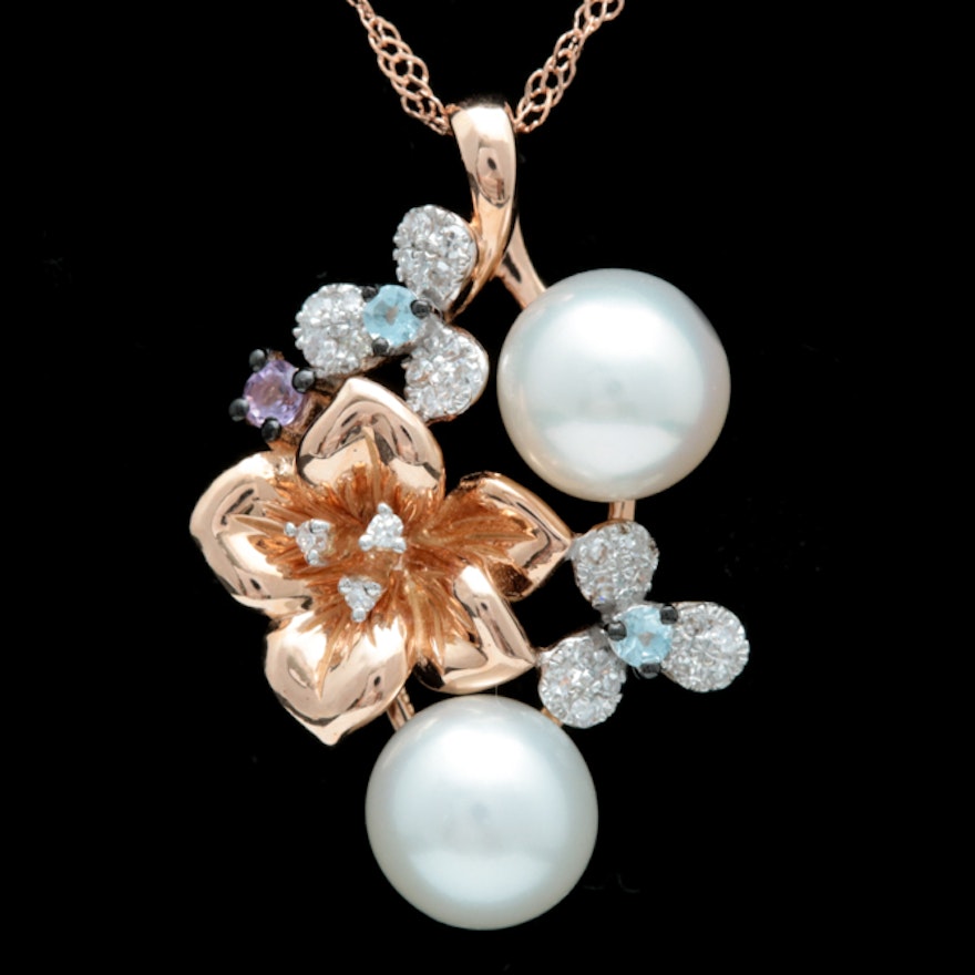 14K Rose Gold, Pearl, Amethyst, Blue Topaz and Diamond Pendant with Chain