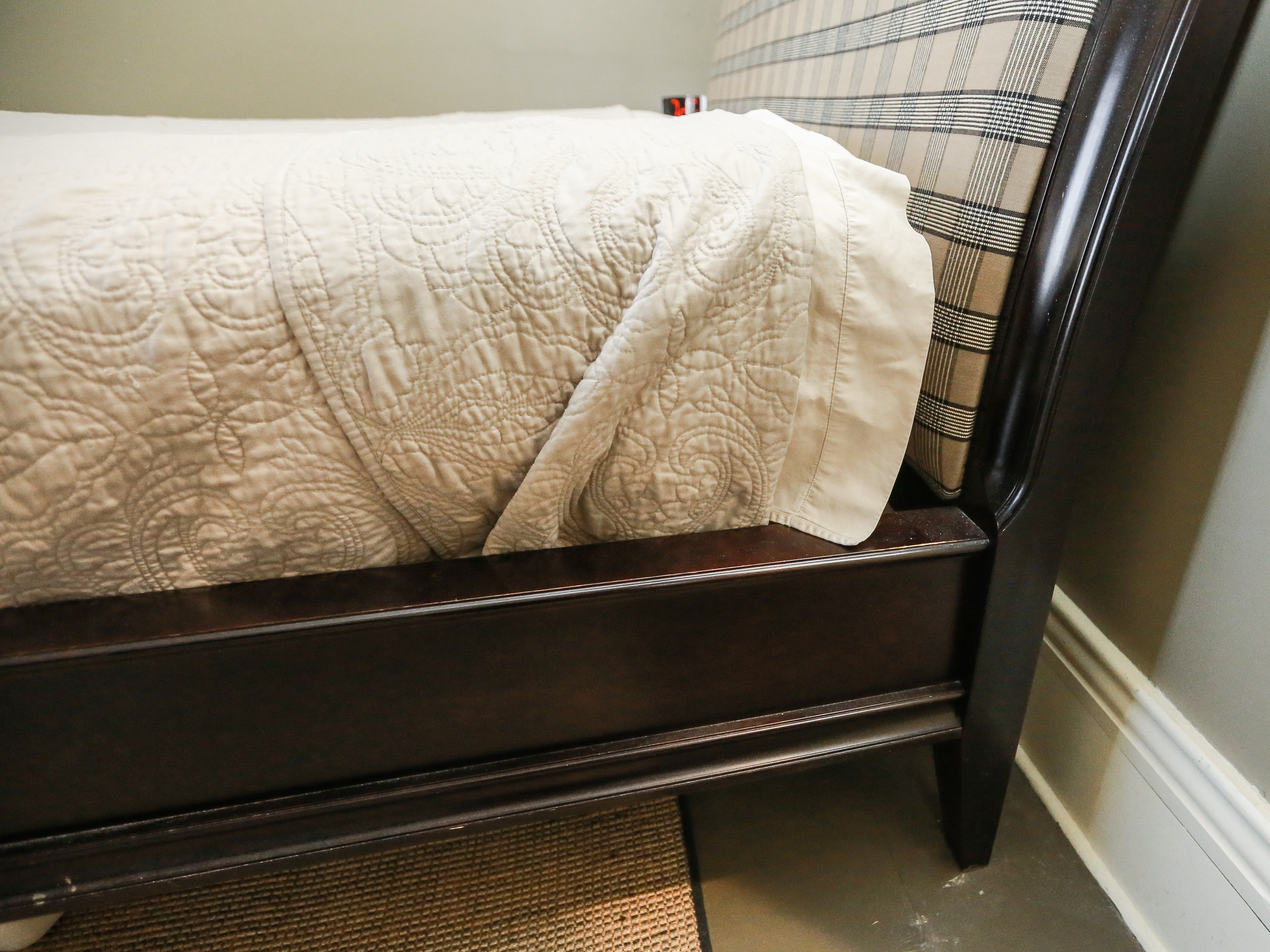 Queen Size Plaid Upholstered Headboard and Frame