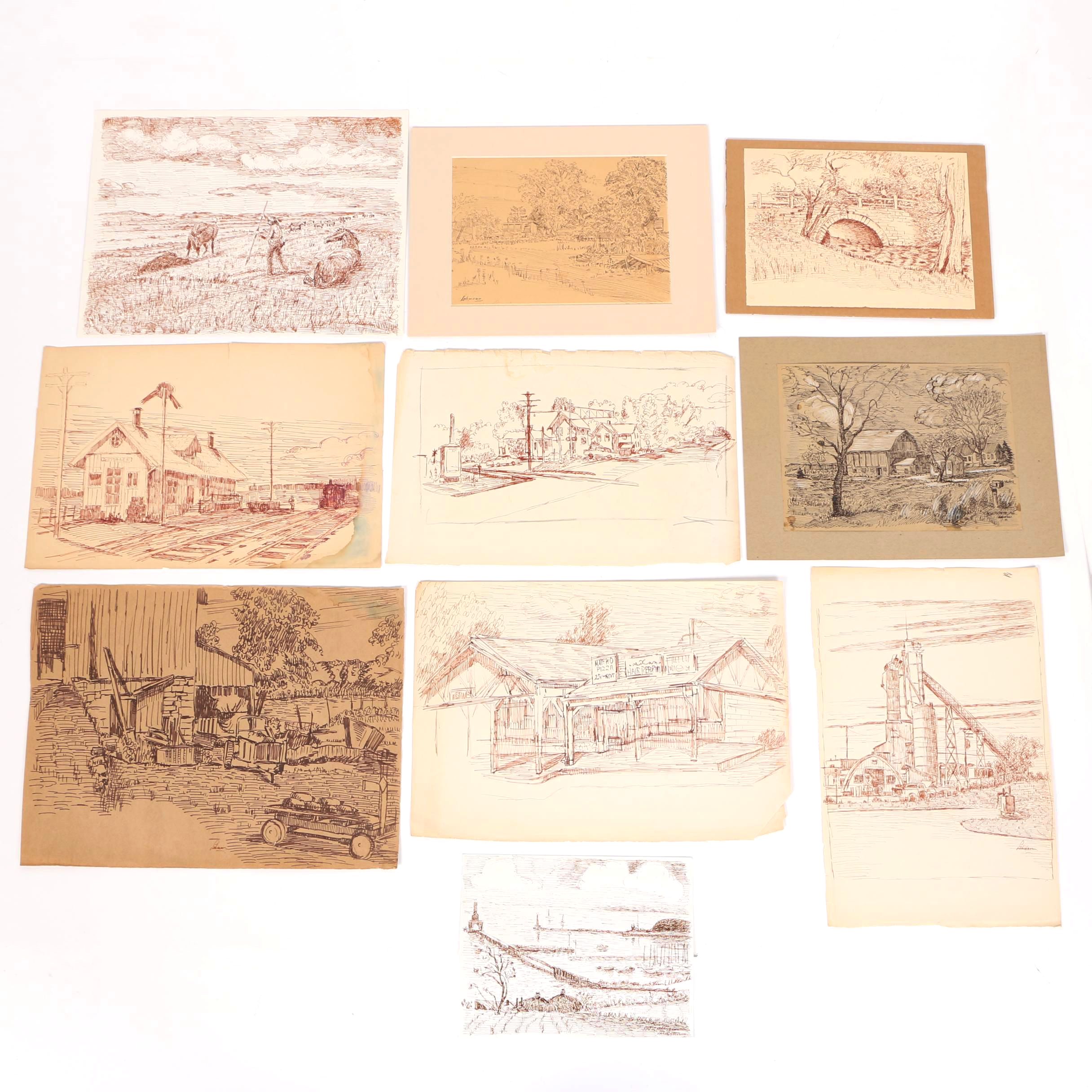 Collection Of Ink Drawings Of Pastoral Scenes By Robert Lahmann
