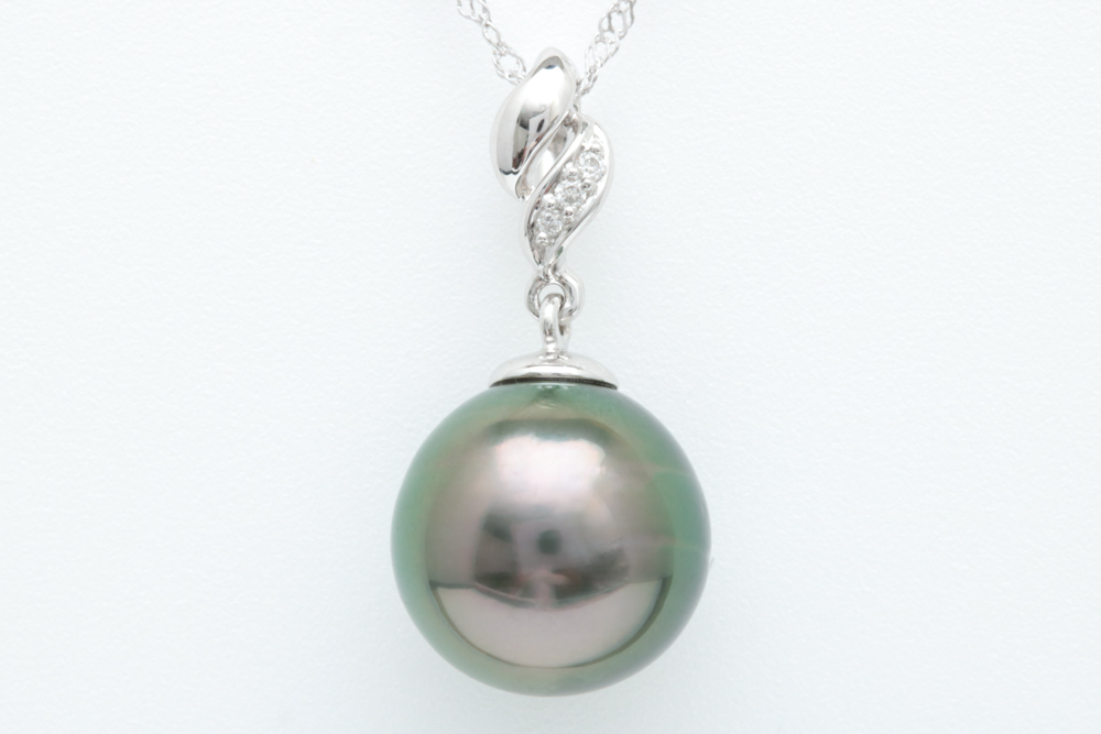 18K White Gold, Tahitian Pearl and Diamond Pendant with Chain