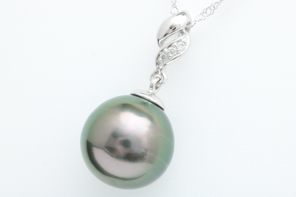 18K White Gold, Tahitian Pearl and Diamond Pendant with Chain