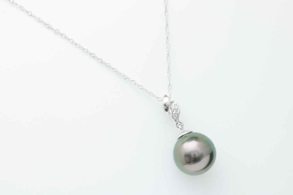 18K White Gold, Tahitian Pearl and Diamond Pendant with Chain