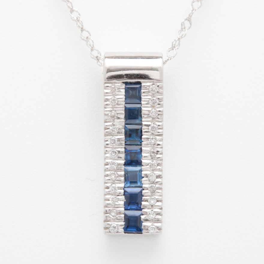 14K White Gold, Blue Sapphire and Diamond Pendant with Chain