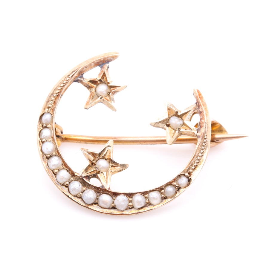 10K Yellow Gold Seed Pearl Crescent Moon Brooch